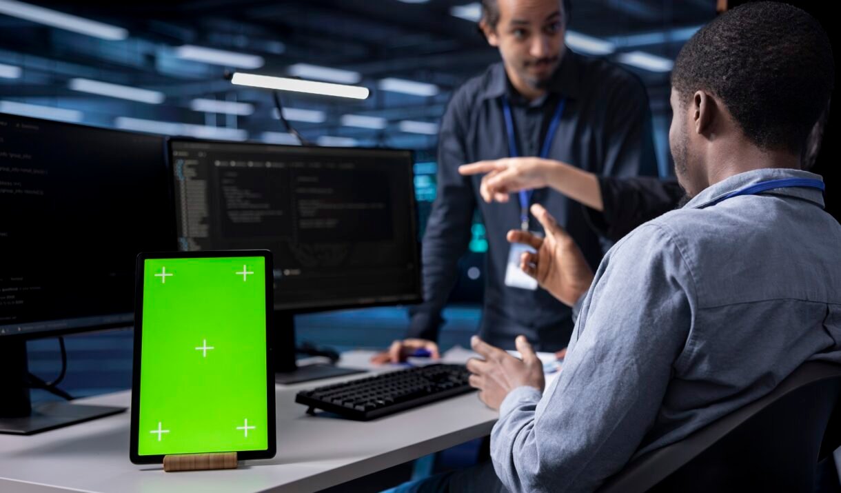 multiethnic team using green screen tablet to over mvkf9j9.jpg